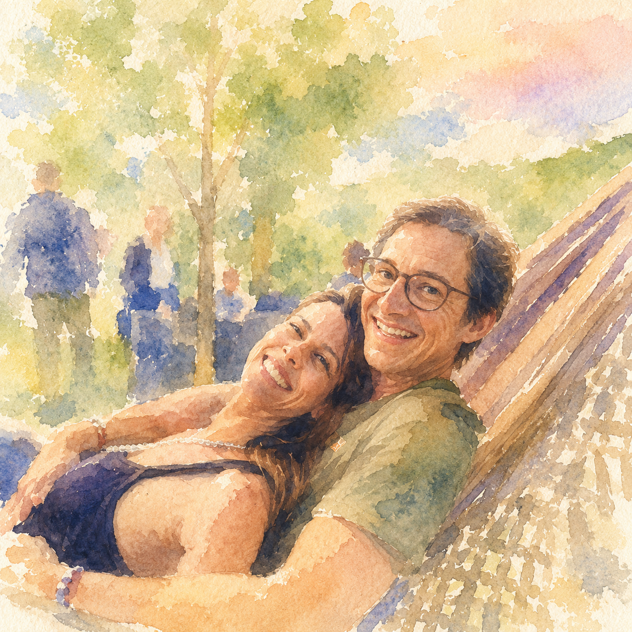 Casal descansando em rede durante o retiro